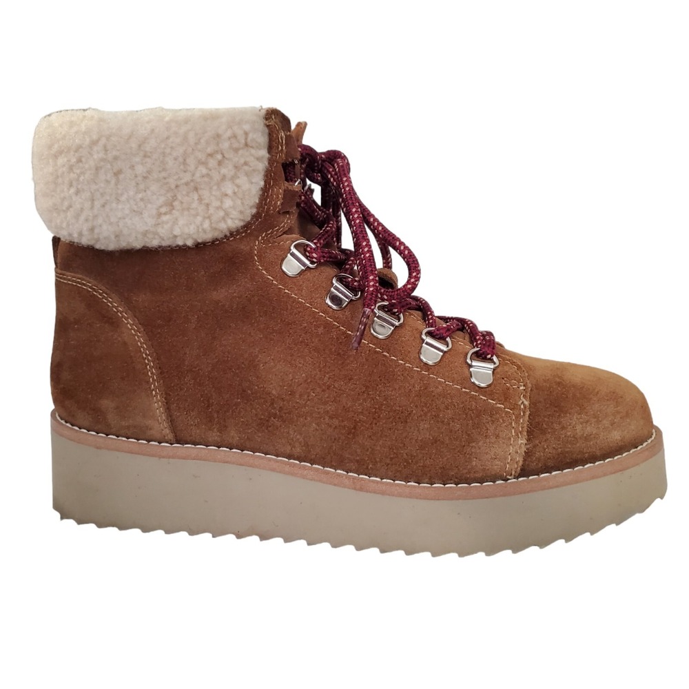 Sam Edelman Franc Suede Hiking Platform Wedge Booties Faux Fur Trim Women's 8M